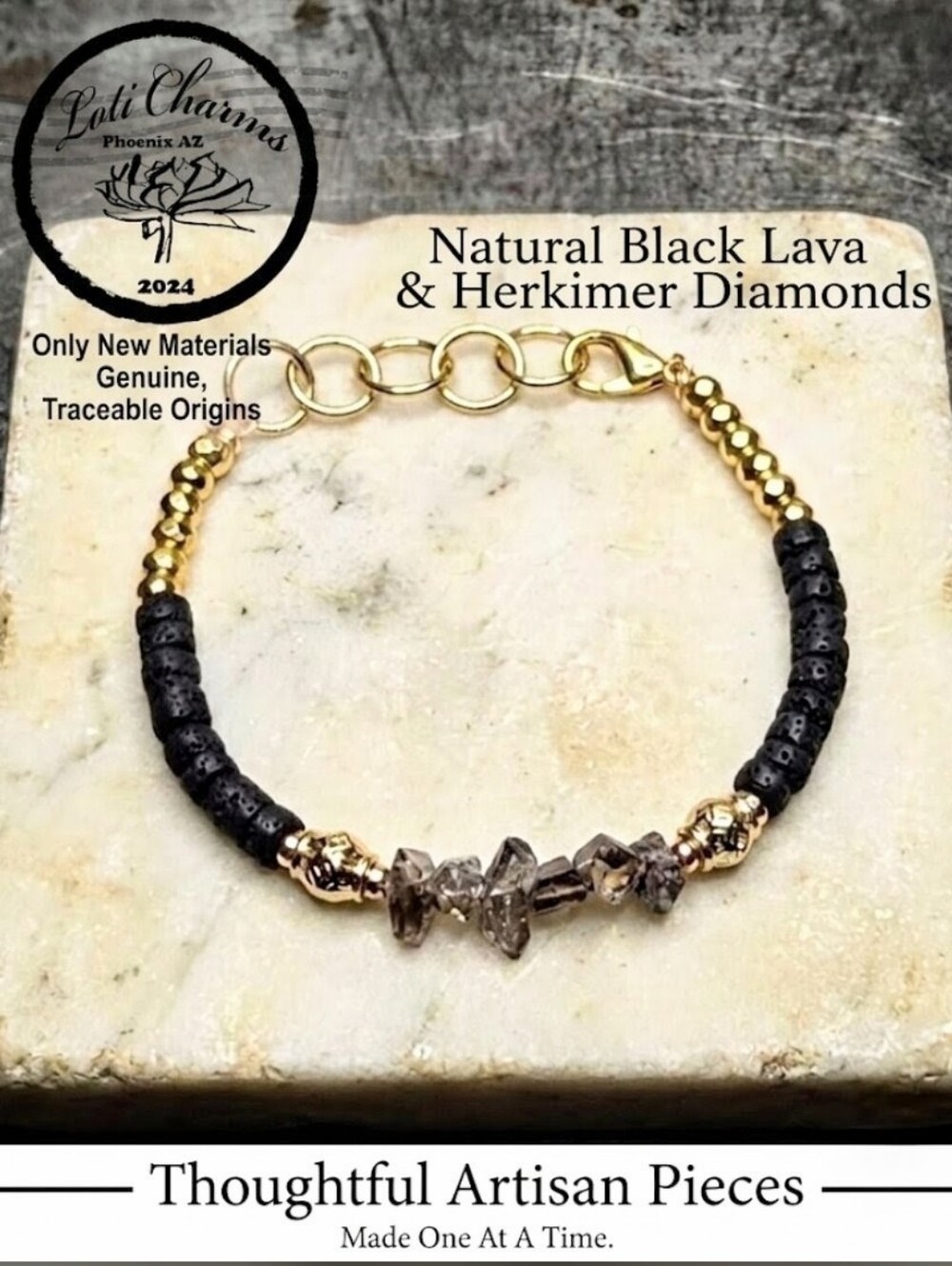 Delicate & Dainty Natural Black Lava & Herkimer Diamonds In Artisan Bracelet